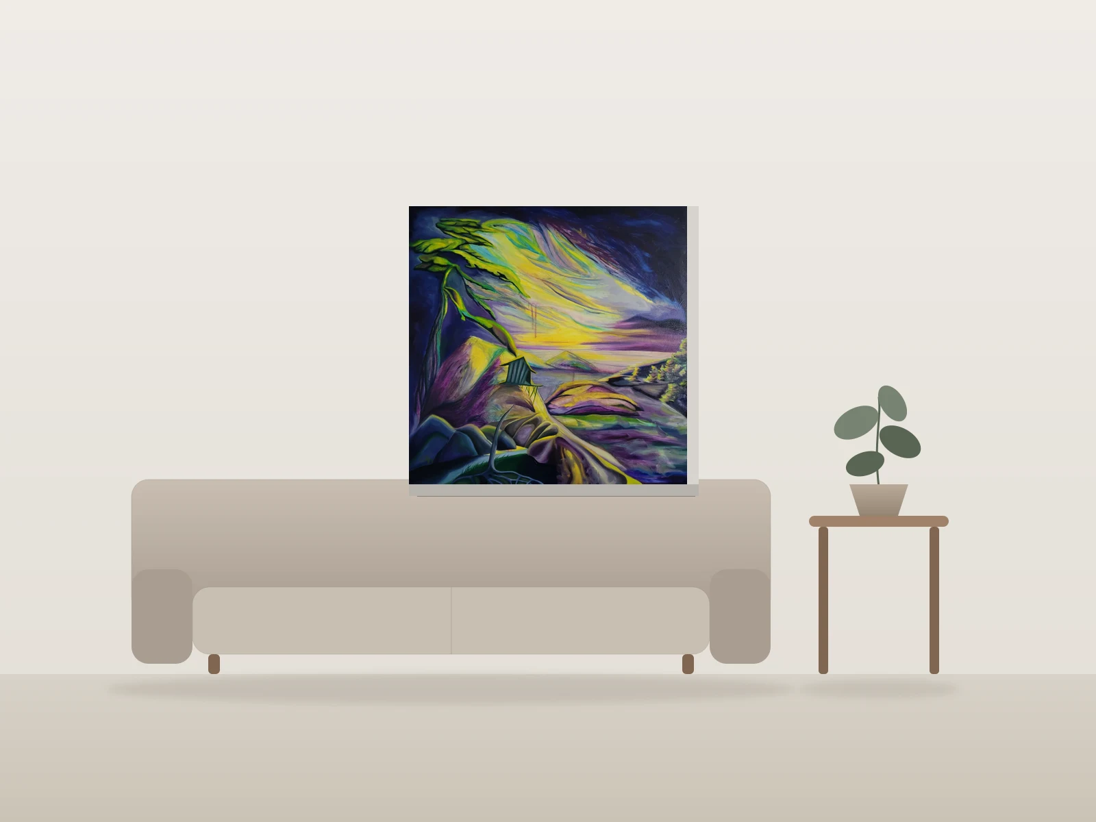 Paysage au vent et cabane par Cheryl-Ann Hills - Art in the Wilderness présentée à l'échelle dans une pièce