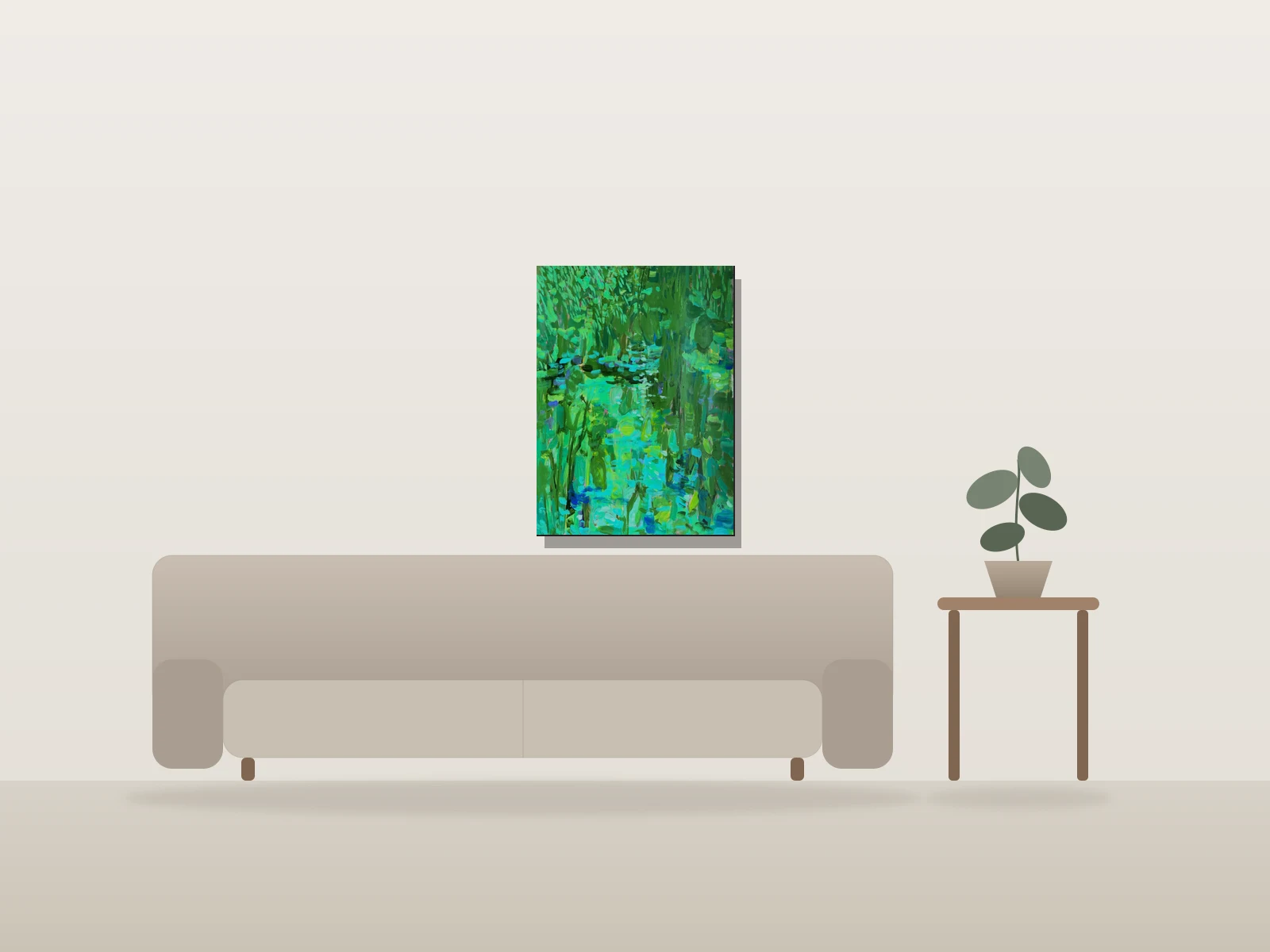 Paysage Vert Abstrait par Marilyn J Fox présentée à l'échelle dans une pièce