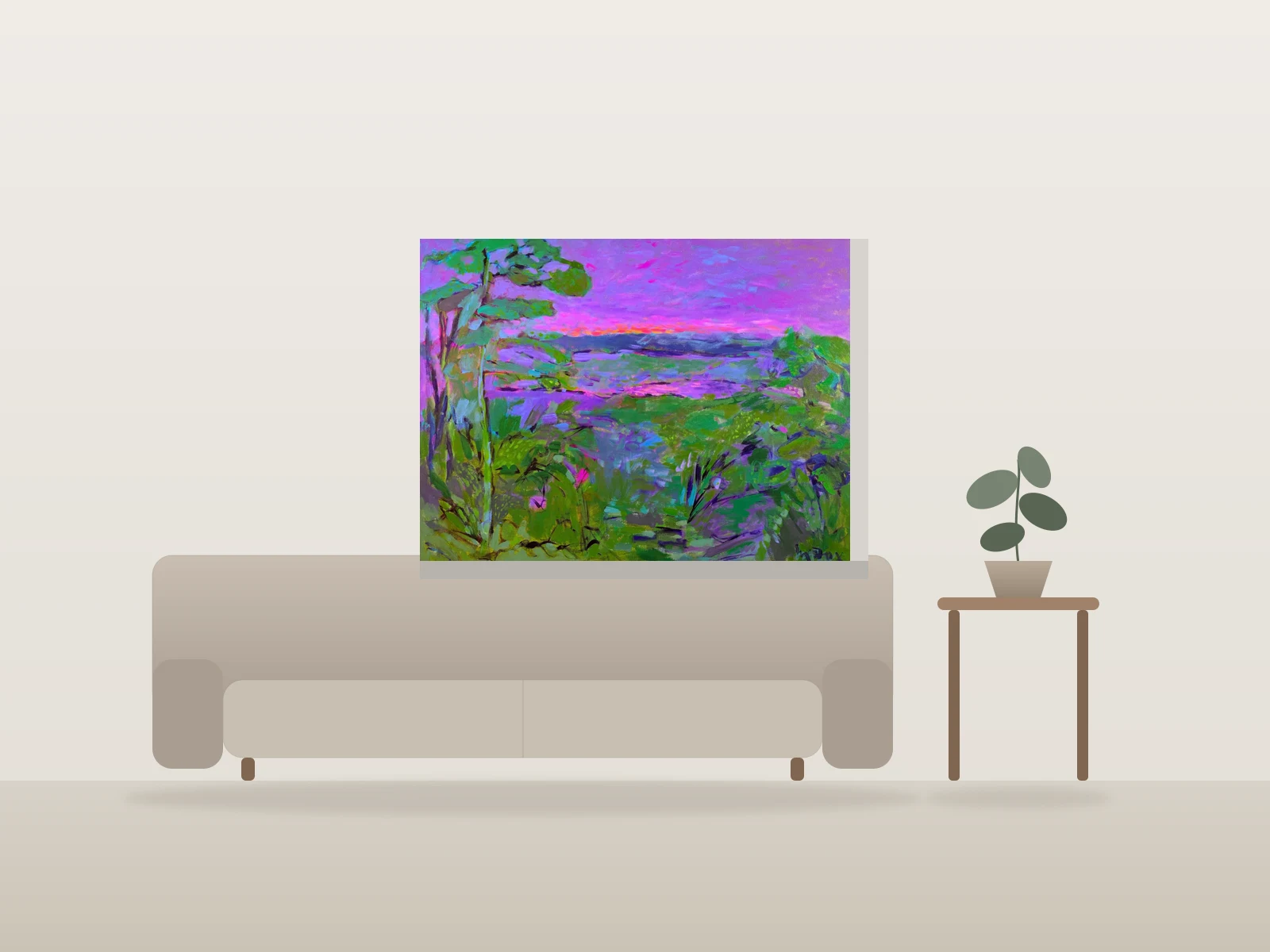 Paysage aux teintes violettes par Marilyn J Fox présentée à l'échelle dans une pièce