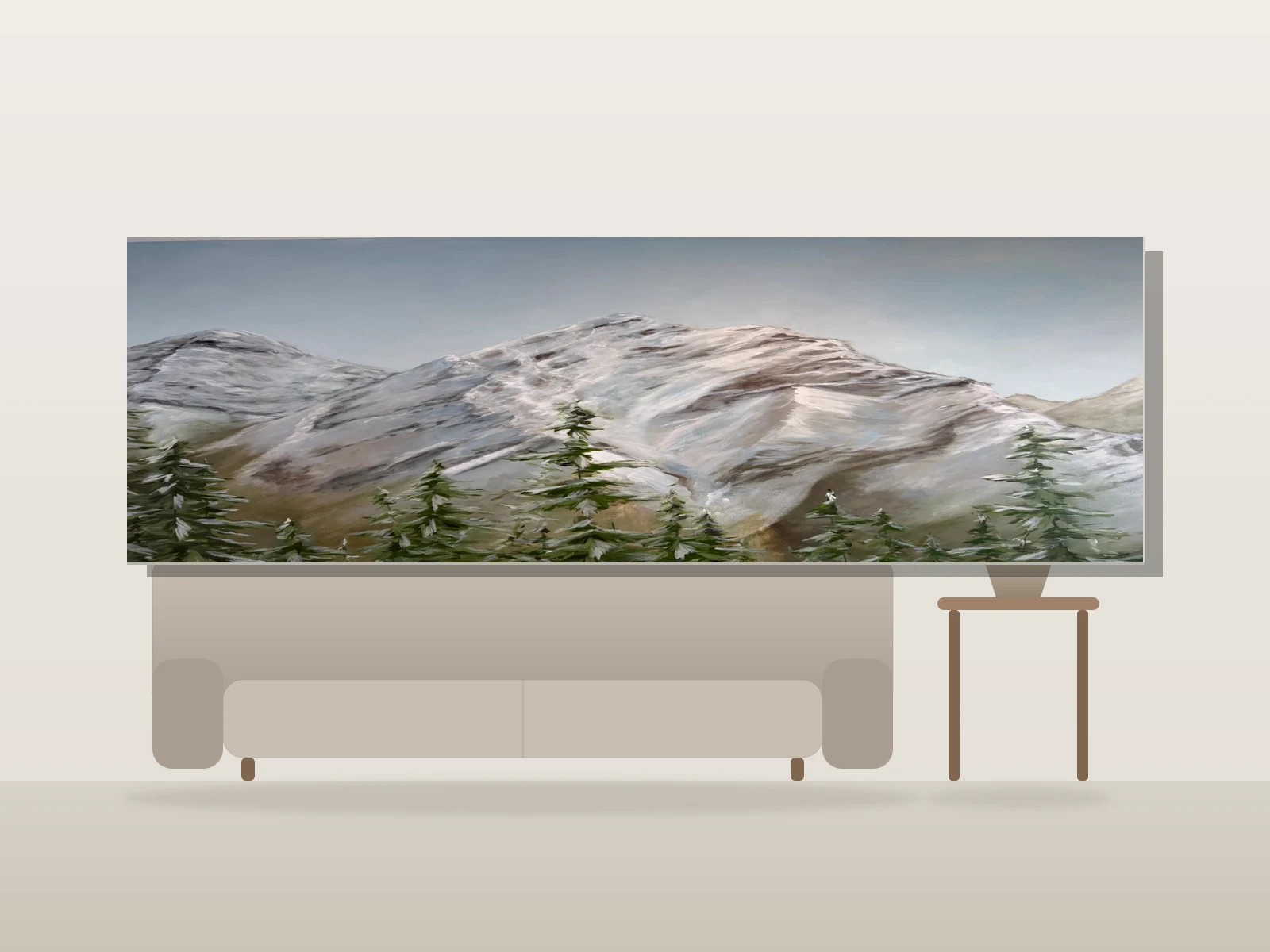 Montagnes enneigées et sapins par Acorvo Studios présentée à l'échelle dans une pièce