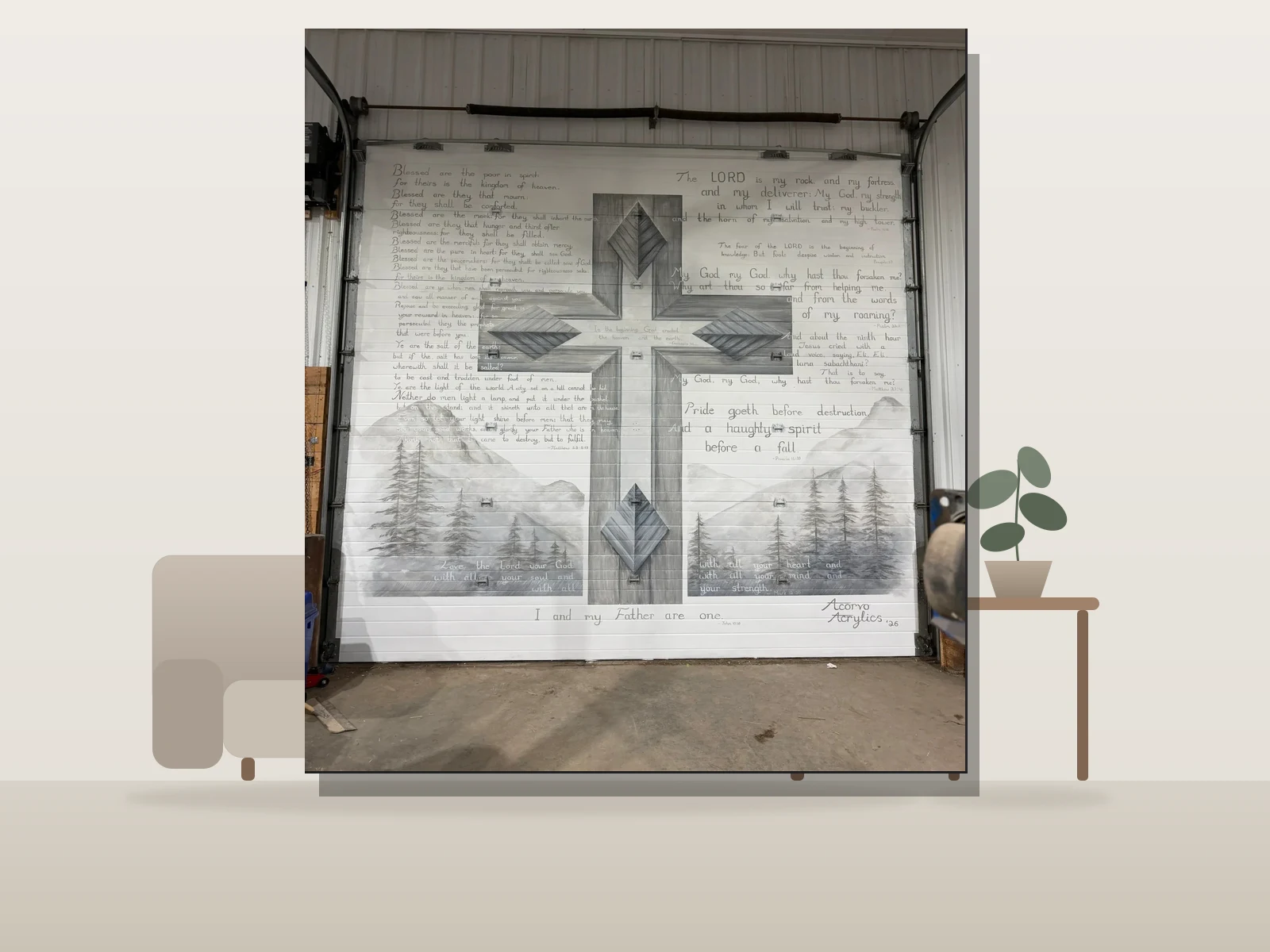 Fresque Croix et Versets par Acorvo Studios présentée à l'échelle dans une pièce