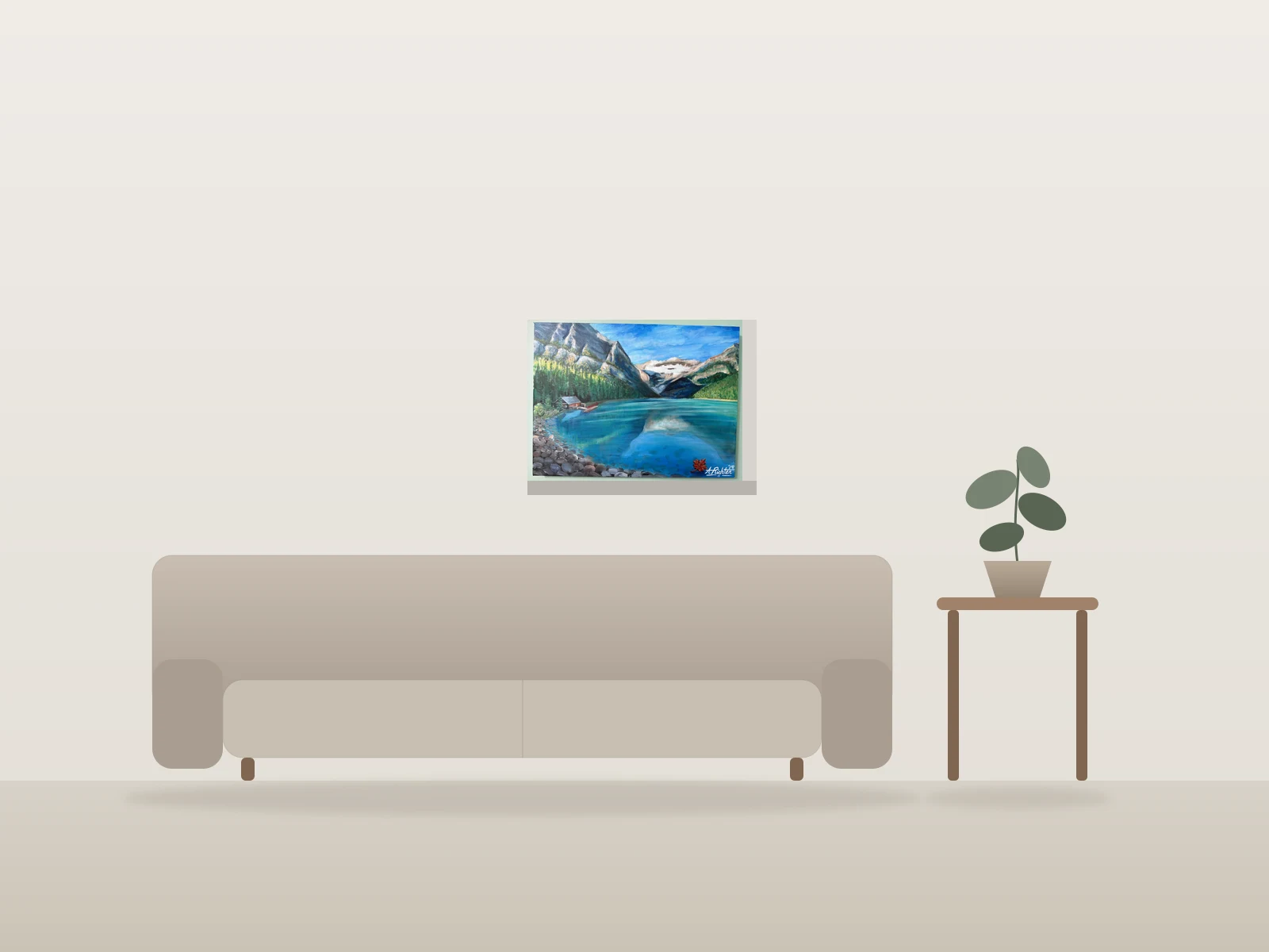 Lac de Montagne et Chalet par Acorvo Studios présentée à l'échelle dans une pièce
