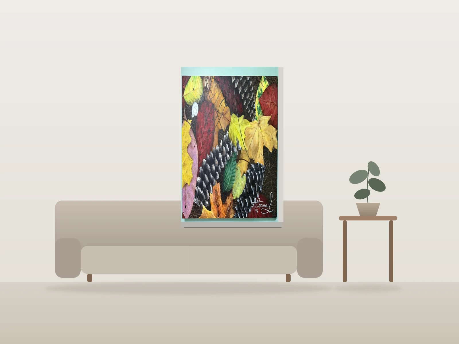 Feuilles d'Automne et Pommes de Pin par Acorvo Studios présentée à l'échelle dans une pièce