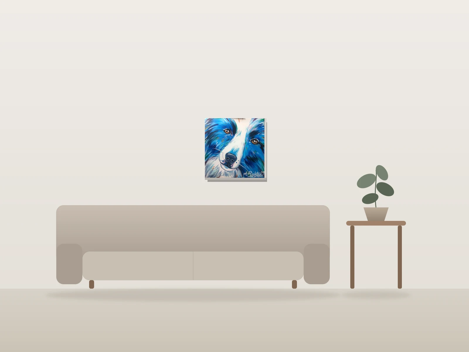 Portrait expressif de chien bleu par Acorvo Studios présentée à l'échelle dans une pièce