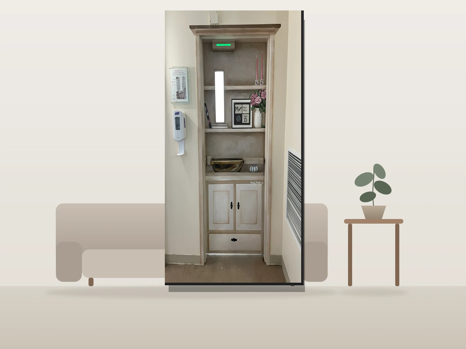 Porte étagère trompe-l'œil par Acorvo Studios présentée à l'échelle dans une pièce