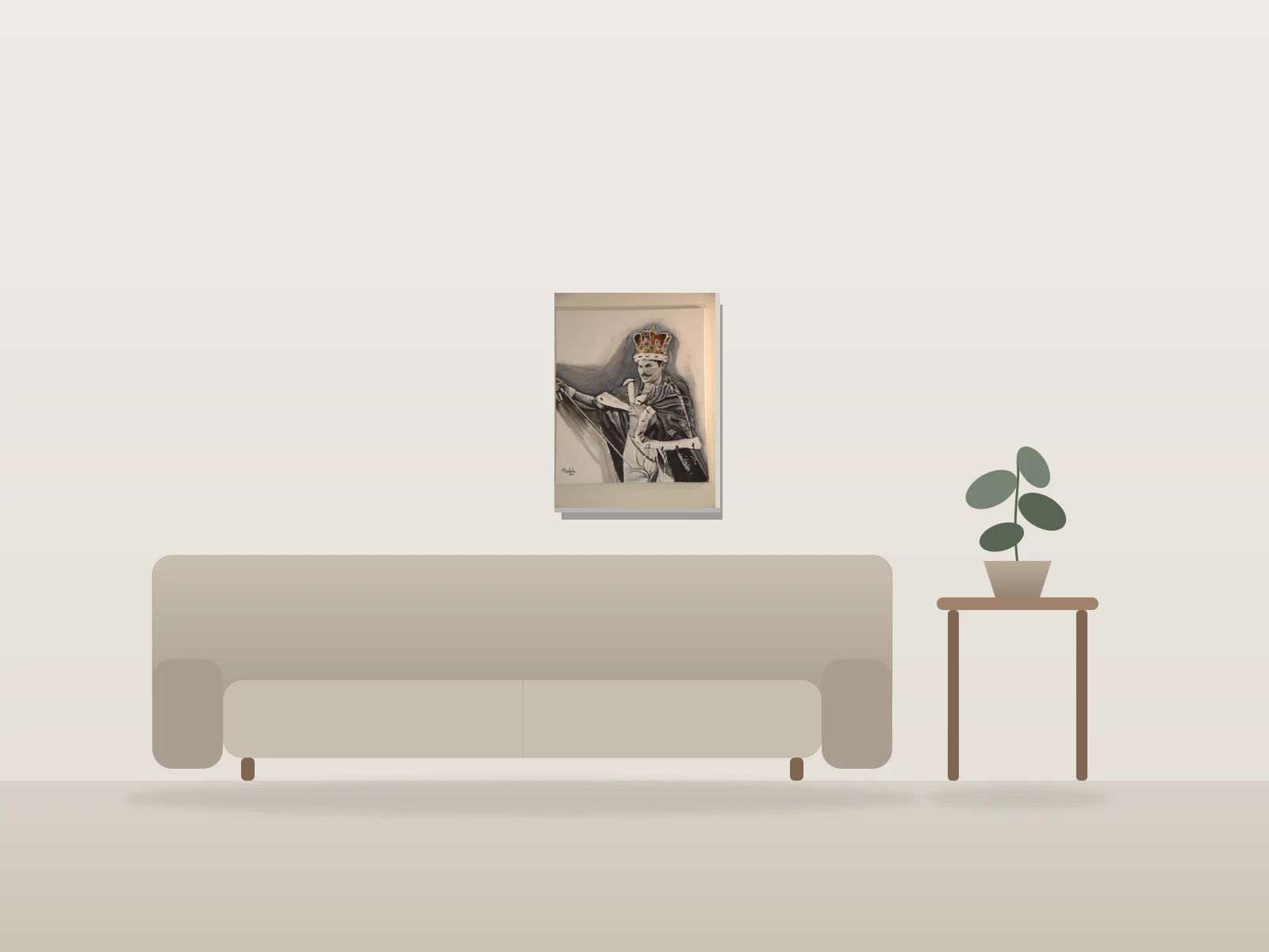 Portrait en cape royale par Mirbaha Fine Art présentée à l'échelle dans une pièce