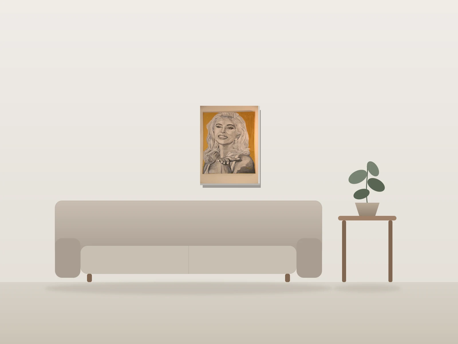 Portrait souriant sur fond doré par Mirbaha Fine Art présentée à l'échelle dans une pièce