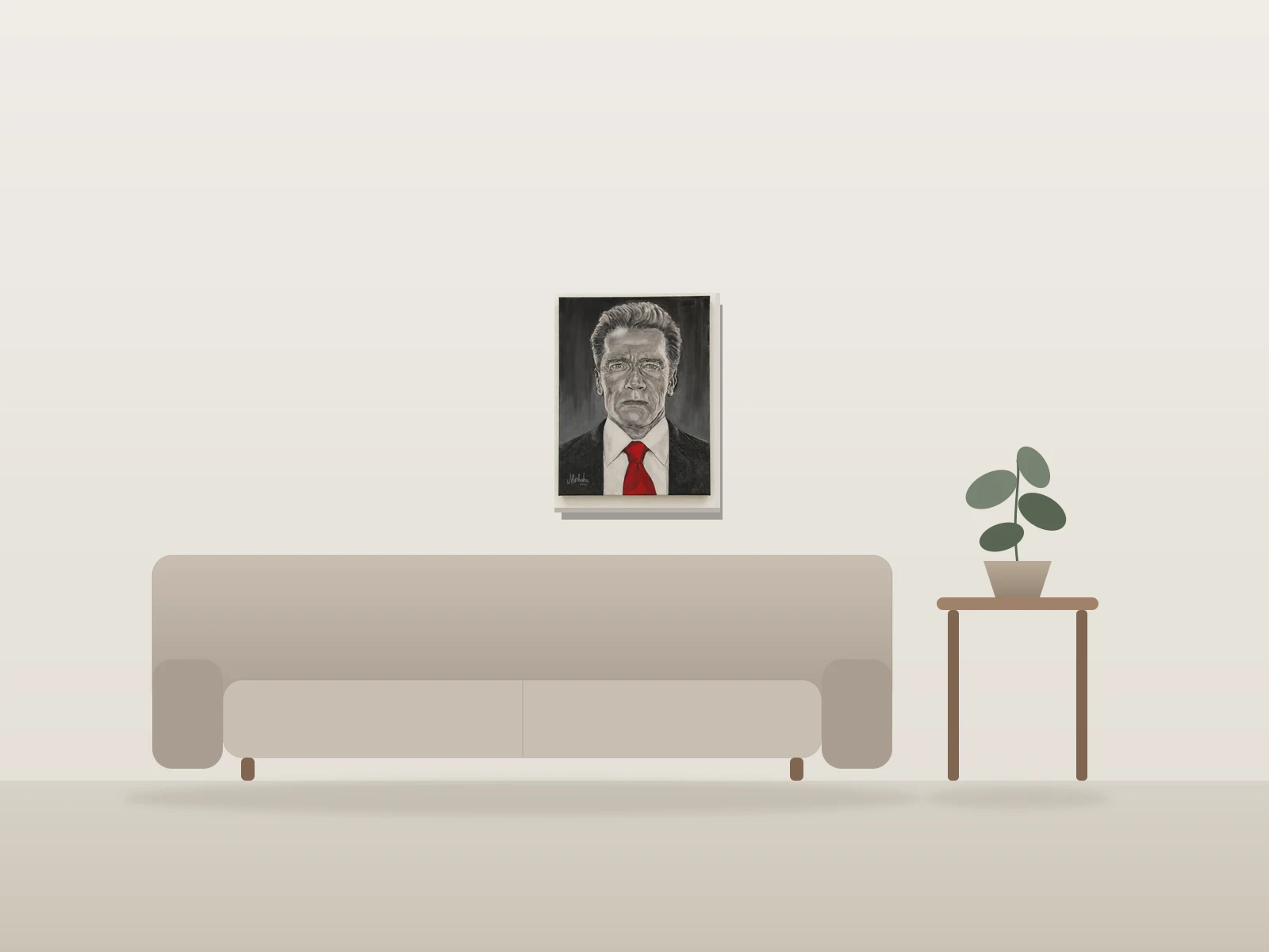 Portrait d'homme en cravate rouge par Mirbaha Fine Art présentée à l'échelle dans une pièce