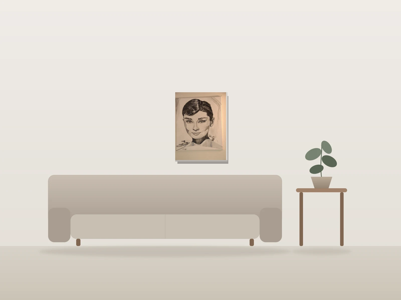 Portrait féminin en nuances de gris par Mirbaha Fine Art présentée à l'échelle dans une pièce